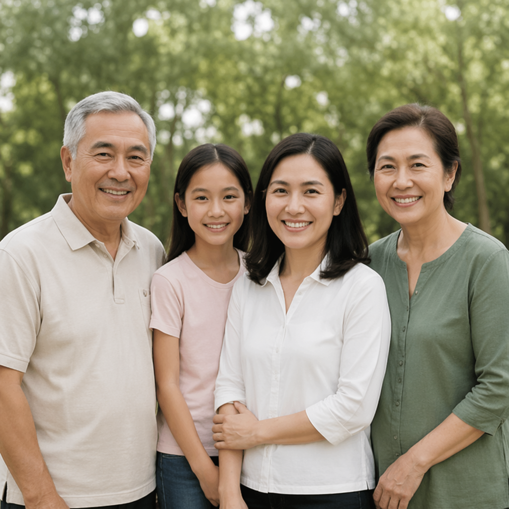 A family smiling together outdoors